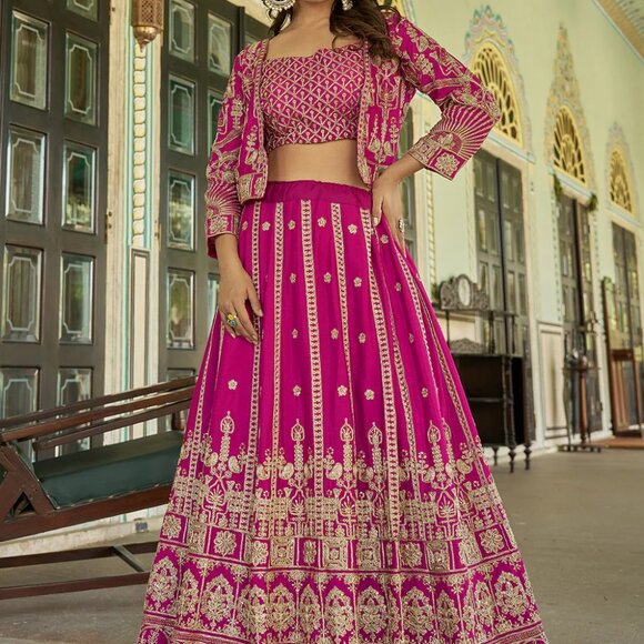 Indo Western Magenta Pink Chinon Silk Heavy Embroidered Jacket Style - Picture 1 of 5